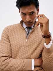 Reiss Camel Brown Richmond Atelier 100% Cashmere Cable Zip Jumper - Image 1 of 5