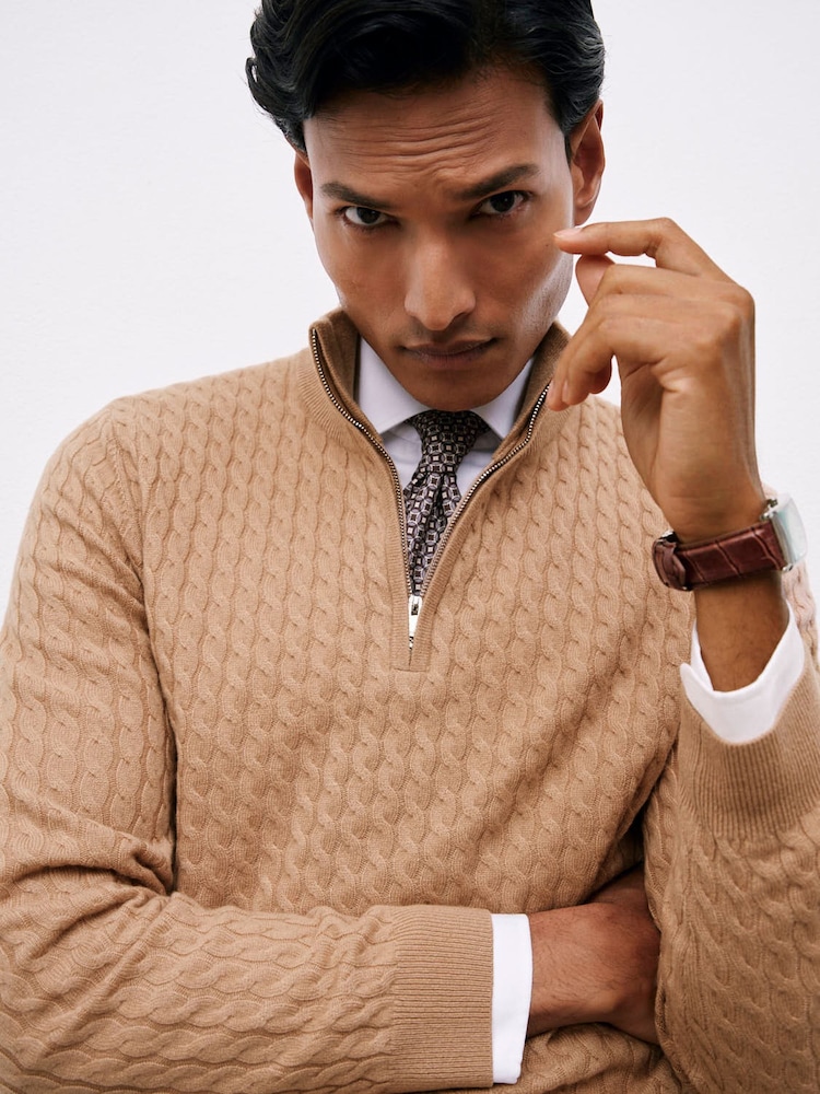 Reiss Camel Brown Richmond Atelier 100% Cashmere Cable Zip Jumper - Image 1 of 5