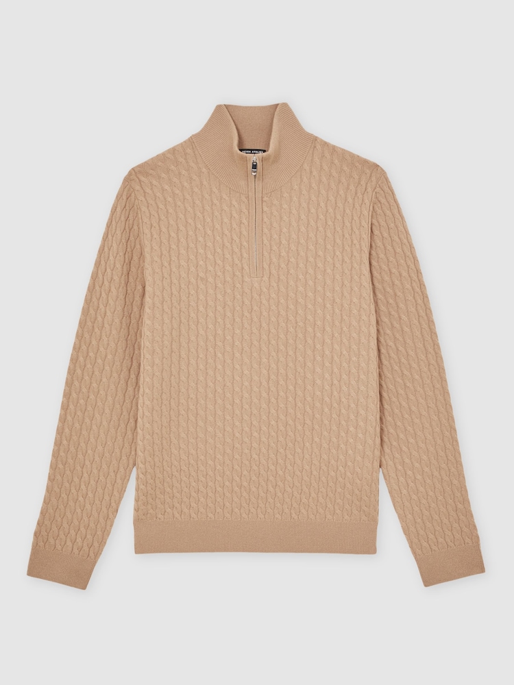 Reiss Camel Brown Richmond Atelier 100% Cashmere Cable Zip Jumper - Image 2 of 5
