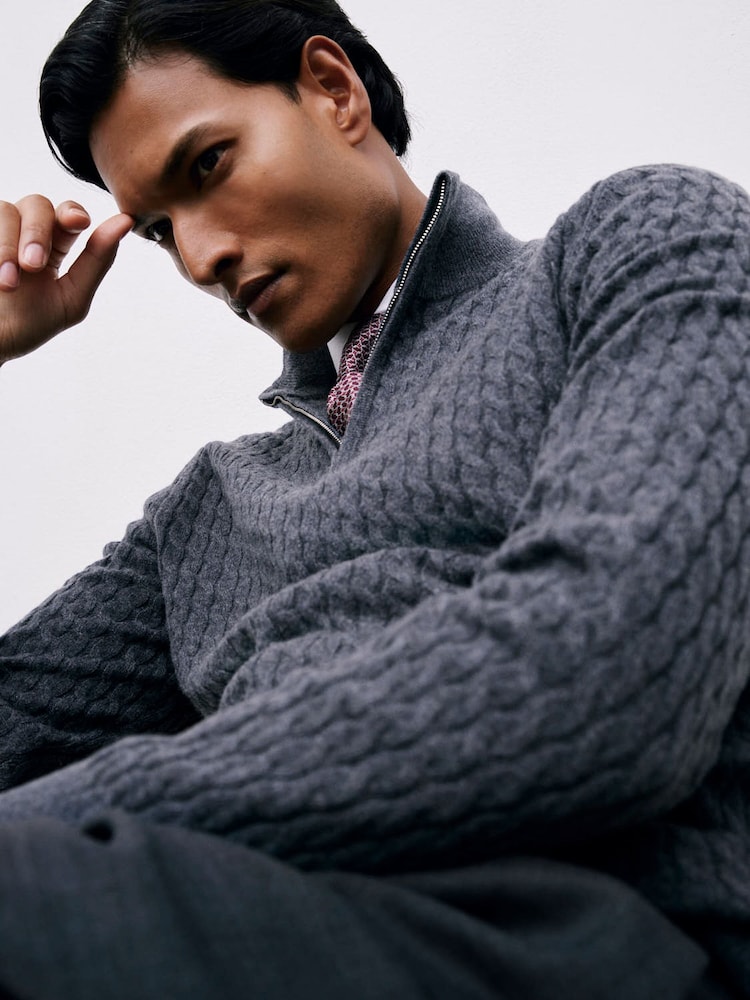 Reiss Denim Blue Richmond Atelier 100% Cashmere Cable Zip Jumper - Image 1 of 7 Reiss Denim Blue Richmond Atelier 100% Cashmere Cable Zip Jumper - Image 1 of 7