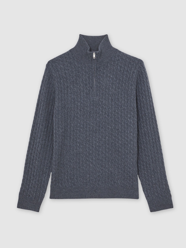 Reiss Denim Blue Richmond Atelier 100% Cashmere Cable Zip Jumper - Image 2 of 7 Reiss Denim Blue Richmond Atelier 100% Cashmere Cable Zip Jumper - Image 2 of 7