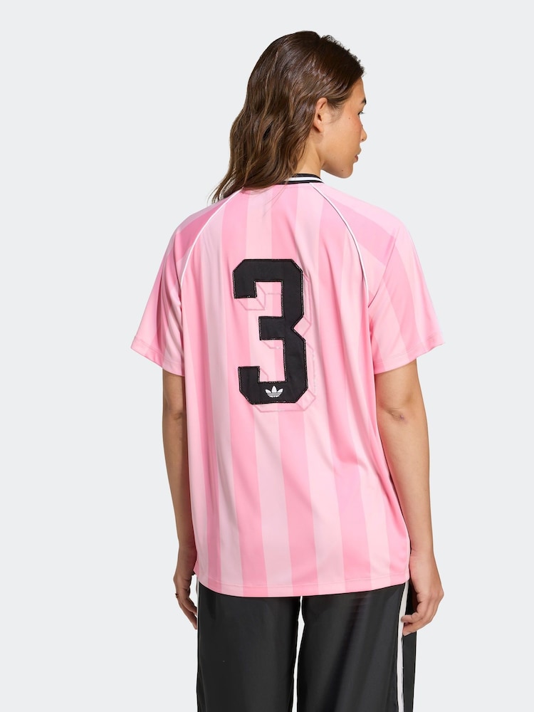adidas Originals Pink Soccer Summer Football Inspired Stripe T-Shirt - Image 2 of 6