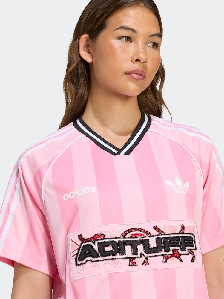 adidas Originals Pink Soccer Summer Football Inspired Stripe T-Shirt - Image 4 of 6