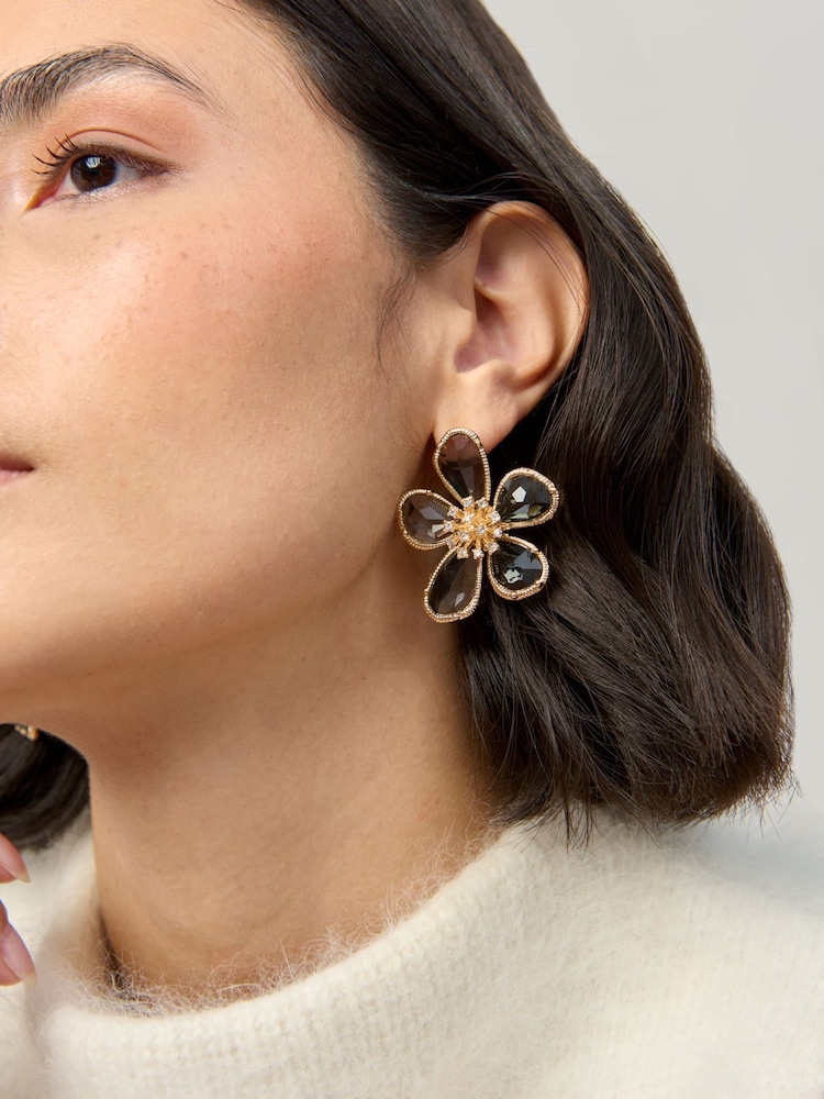 Aela Gold Tone Statement Facet Flower Earrings - Image 3 of 3