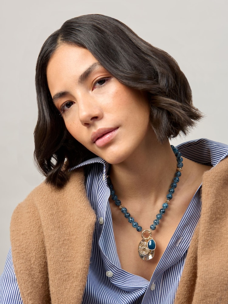 Aela Blue Statement Natural Stone Beaded Pendant Necklace - Image 1 of 3 Aela Blue Statement Natural Stone Beaded Pendant Necklace - Image 1 of 3