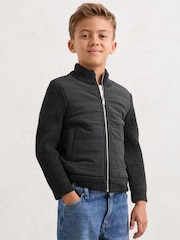Reiss Charcoal Melange Southend Hybrid Quilt and Knit Zip-Through Jacket - Image 3 of 4