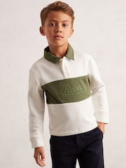 Reiss Forset Green/White Bryce Cotton Logo-Embroidery Rugby Polo Shirt - Image 1 of 4