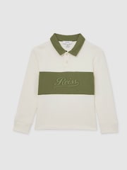 Reiss Forset Green/White Bryce Cotton Logo-Embroidery Rugby Polo Shirt - Image 2 of 4