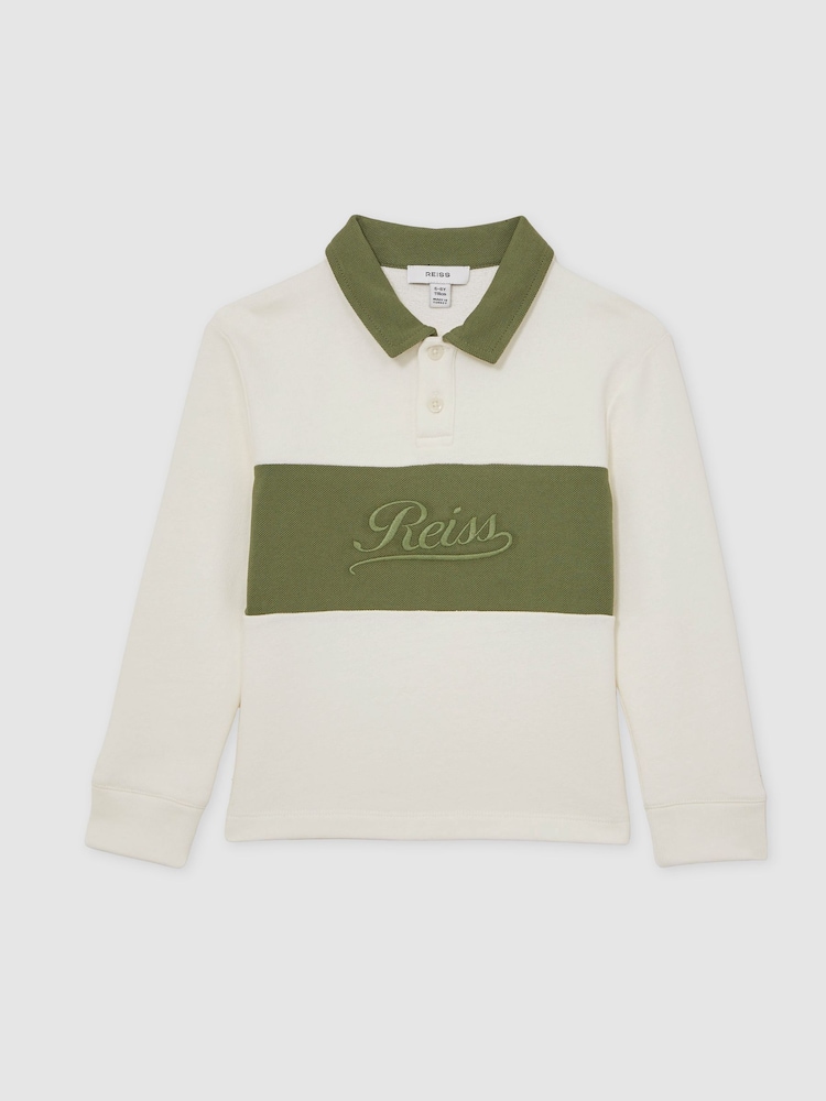 Reiss Forset Green/White Bryce Cotton Logo-Embroidery Rugby Polo Shirt - Image 2 of 4