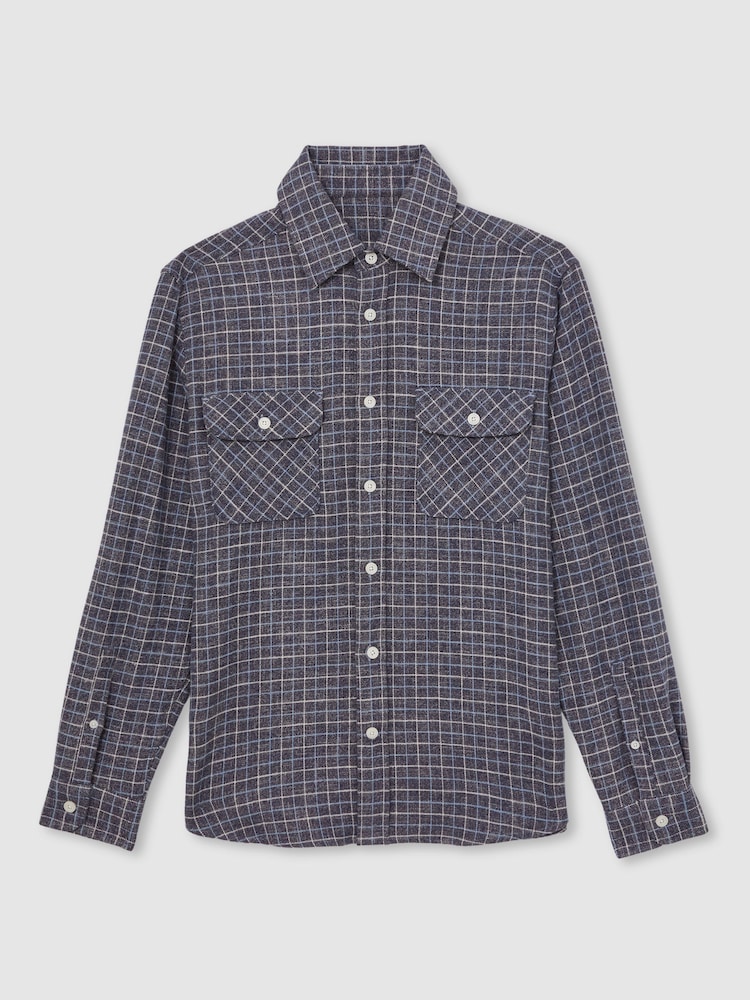 Reiss Indigo Blue Calvert Check Twin-Pocket Jersey Overshirt - Image 2 of 8 Reiss Indigo Blue Calvert Check Twin-Pocket Jersey Overshirt - Image 2 of 8