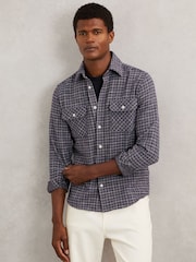 Reiss Indigo Blue Calvert Check Twin-Pocket Jersey Overshirt - Image 7 of 8