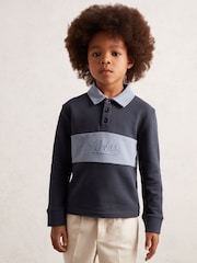 Reiss Airforce Blue/Navy Blue Bryce Cotton Logo-Embroidery Rugby Polo Shirt - Image 1 of 4