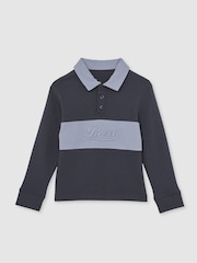 Reiss Airforce Blue/Navy Blue Bryce Cotton Logo-Embroidery Rugby Polo Shirt - Image 2 of 4