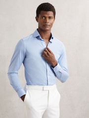 Reiss Soft Blue Nate Cotton-Blend Jersey Cutaway-Collar Shirt - Image 1 of 7
