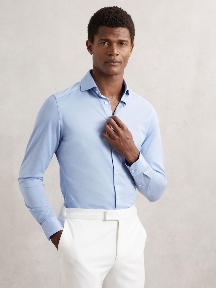 Reiss Soft Blue Nate Cotton-Blend Jersey Cutaway-Collar Shirt - Image 1 of 7