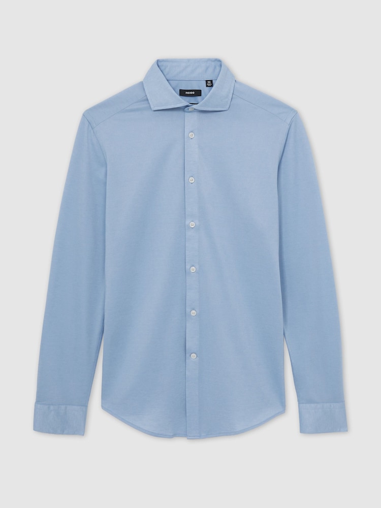 Reiss Soft Blue Nate Cotton-Blend Jersey Cutaway-Collar Shirt - Image 2 of 7 Reiss Soft Blue Nate Cotton-Blend Jersey Cutaway-Collar Shirt - Image 2 of 7