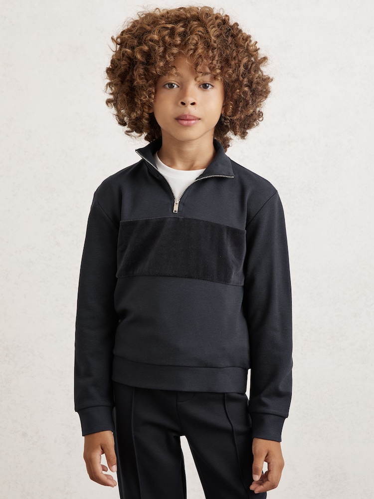 Reiss Navy Blue Selin 13-14 yrs Slim Fit Half-Zip Funnel Neck Velour Sweatshirt - Image 2 of 4 Reiss Navy Blue Selin 13-14 yrs Slim Fit Half-Zip Funnel Neck Velour Sweatshirt - Image 2 of 4
