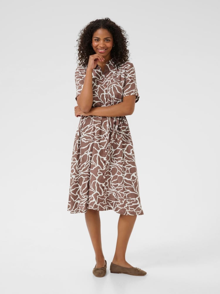 Kaffe KAemine Short Sleeve Printed Brown Dress - Image 1 of 4