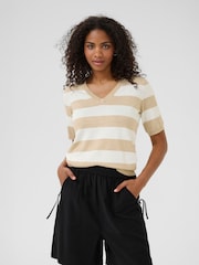Kaffe Natural KAlizza Striped V-Neck Jumper - Image 1 of 6
