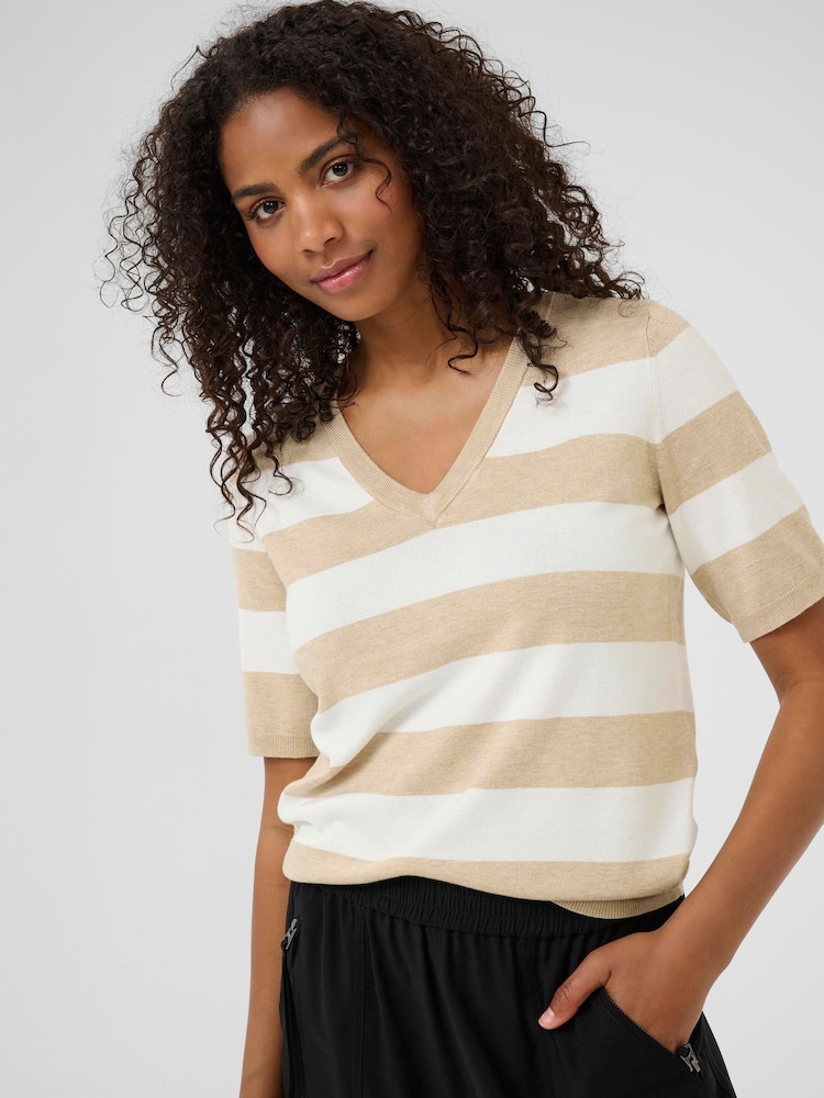 Kaffe Natural KAlizza Striped V-Neck Jumper - Image 2 of 6
