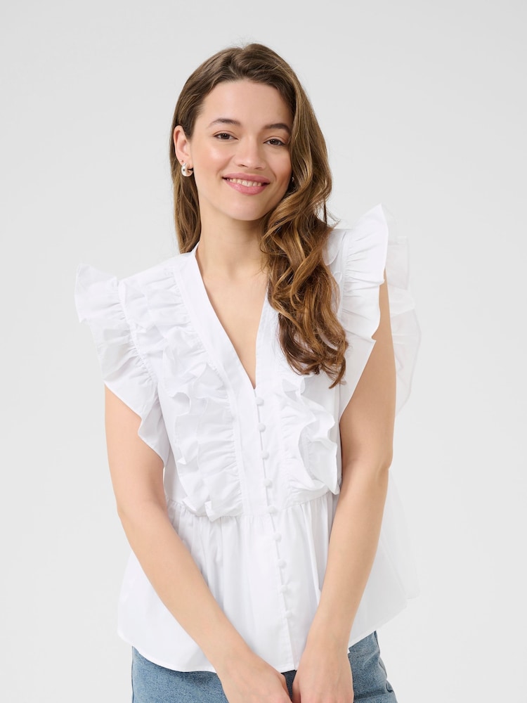 Kaffe KAgerid V-Neck Flounce White Top - Image 1 of 6
