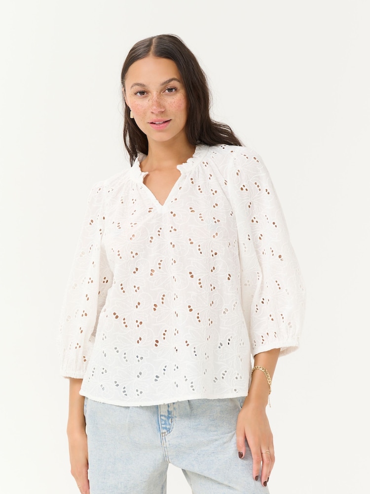 Kaffe KAtessa Cotton V-Neck 3/4 Sleeve White Blouse - Image 1 of 6 Kaffe KAtessa Cotton V-Neck 3/4 Sleeve White Blouse - Image 1 of 6