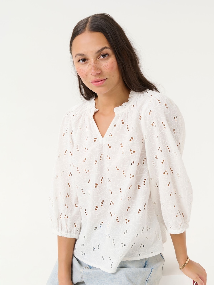 Kaffe KAtessa Cotton V-Neck 3/4 Sleeve White Blouse - Image 2 of 6 Kaffe KAtessa Cotton V-Neck 3/4 Sleeve White Blouse - Image 2 of 6