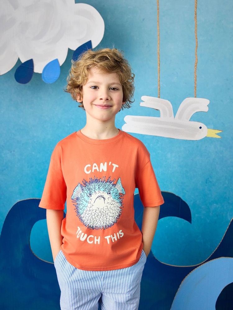 Joules Boys' Archie Orange Short Sleeve Screenprint T-Shirt - Image 1 of 6 Joules Boys' Archie Orange Short Sleeve Screenprint T-Shirt - Image 1 of 6