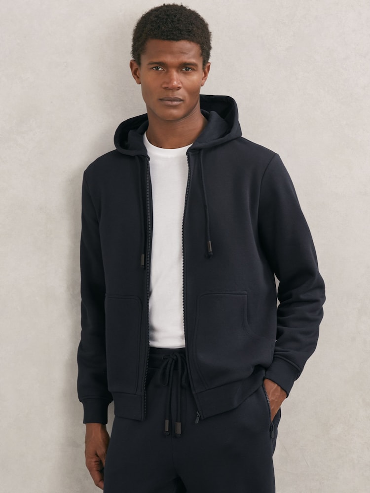 Reiss Navy Howel Cotton-Blend Zip-Through Hoodie - Image 1 of 6 Reiss Navy Howel Cotton-Blend Zip-Through Hoodie - Image 1 of 6