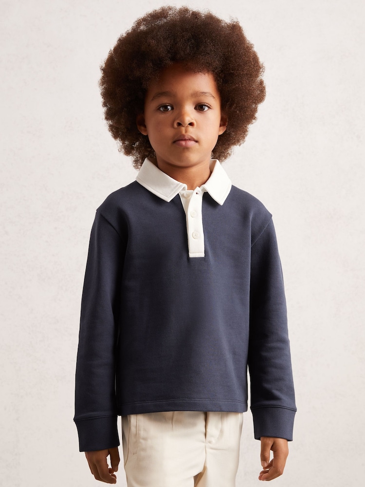 Reiss Navy/White Aidan Cotton Half-Button Rugby Polo Shirt - Image 1 of 4