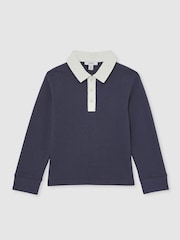 Reiss Navy/White Aidan Cotton Half-Button Rugby Polo Shirt - Image 1 of 4