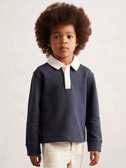Reiss Navy/White Aidan Cotton Half-Button Rugby Polo Shirt - Image 3 of 4