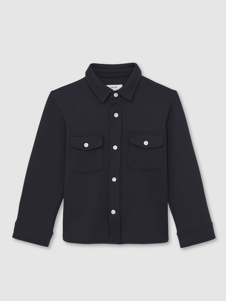 Reiss Navy Alabastor 13-14 yrs Waffle-Textured Twin-Pocket Overshirt - Image 1 of 4