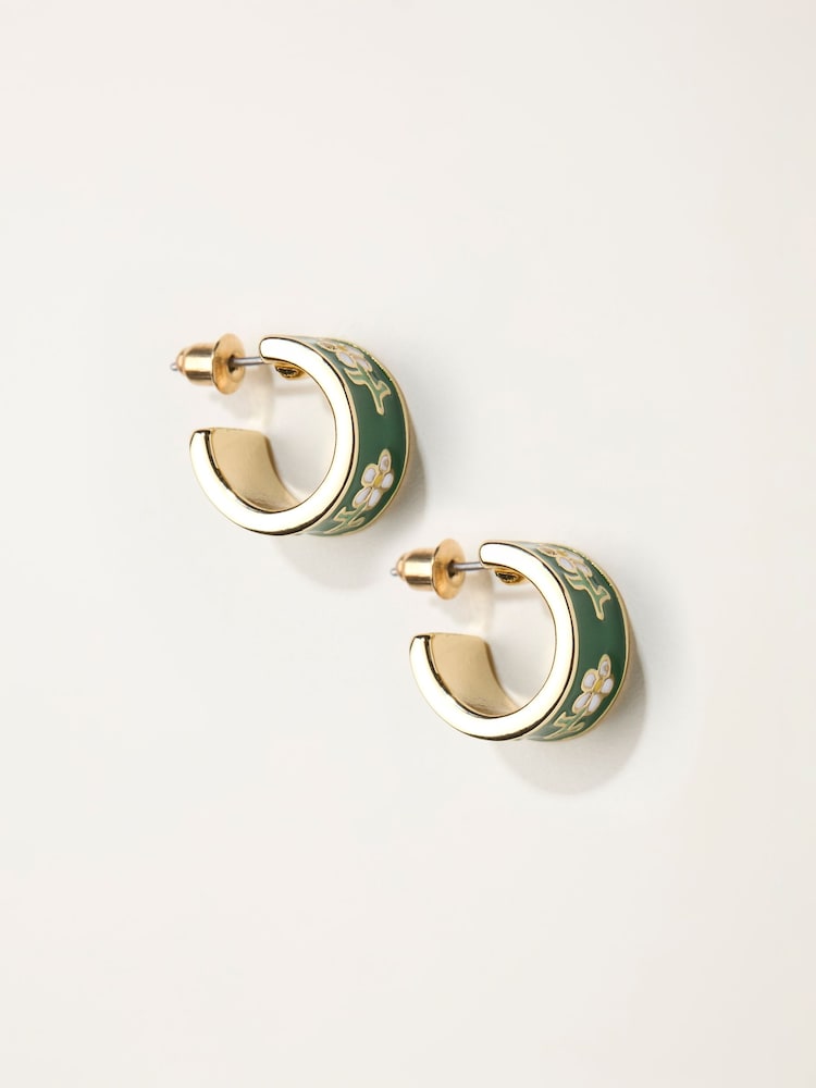 FatFace Green Enamel Floral Hoop Earrings - Image 1 of 2