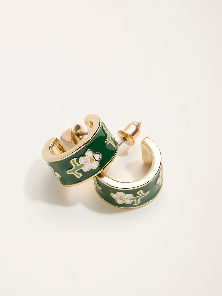 FatFace Green Enamel Floral Hoop Earrings - Image 2 of 2