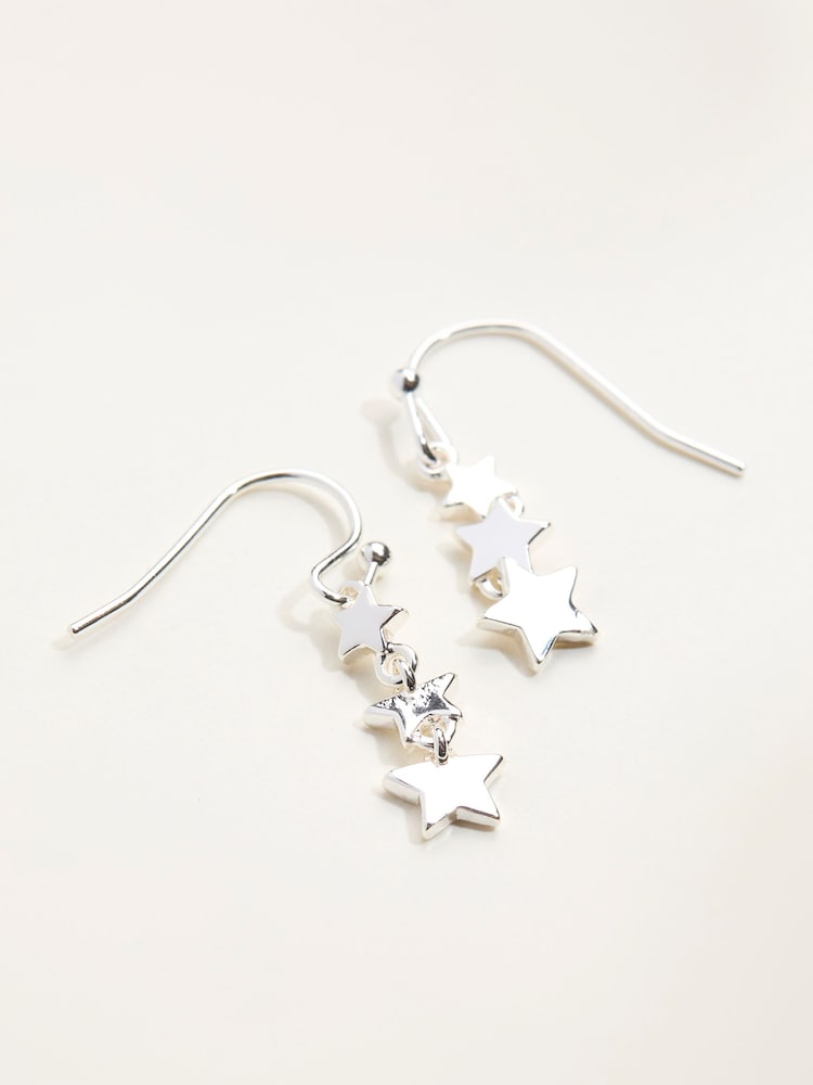 FatFace Silver Tone Trio Star Drop Earrings - Image 2 of 2