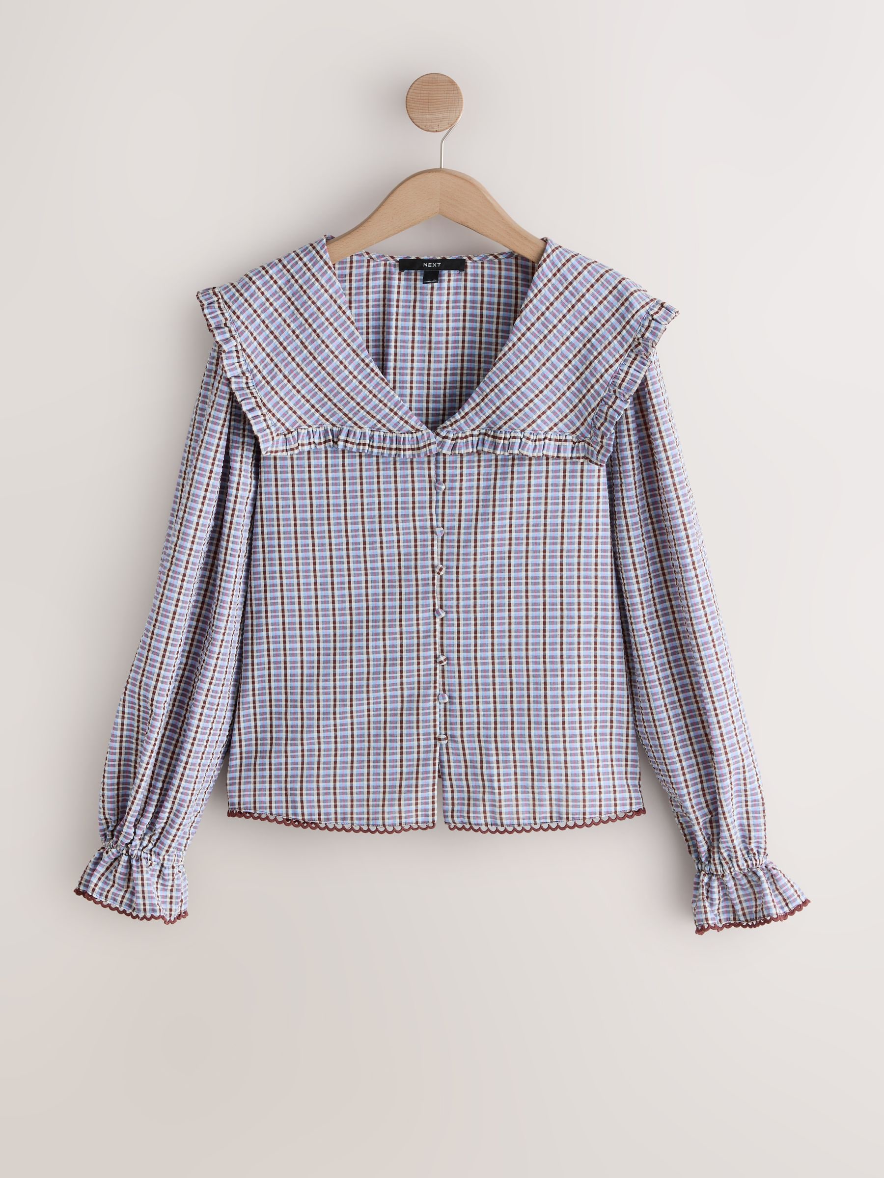 トップス HOLIDAY CHECK LINEN BIG COLLAR BLOUSE Buy Blue/Brown Check Oversized Collar Long Sleeve Blouse from Next USA