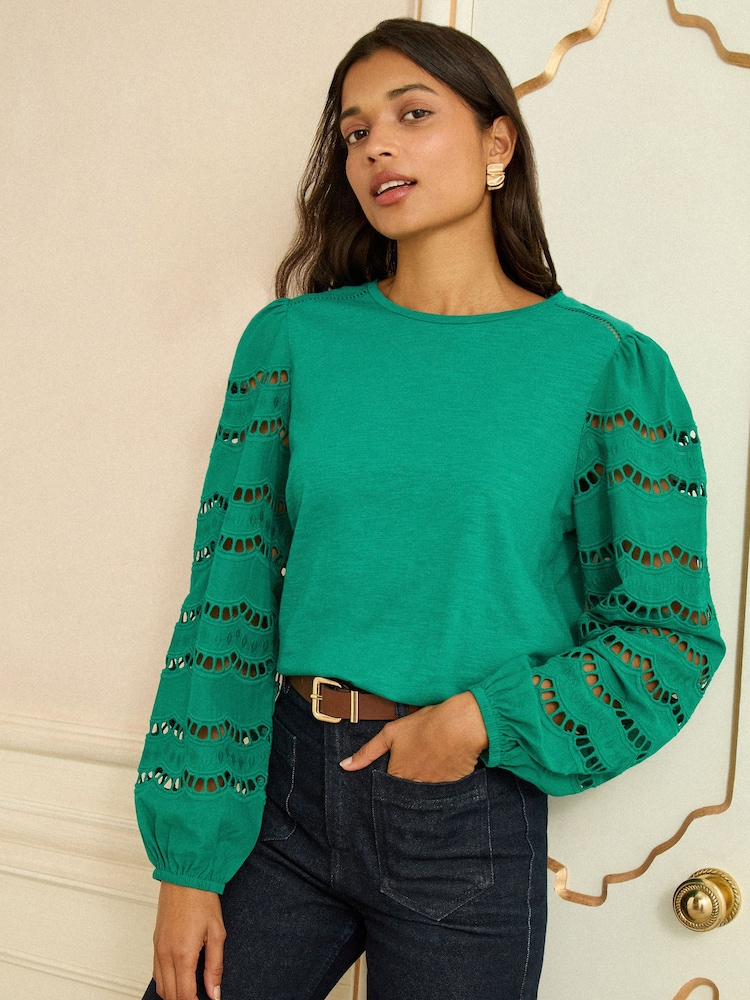 Love & Roses Green Scallop Broderie Long Sleeve Top - Image 1 of 4