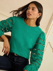 Love & Roses Green Scallop Broderie Long Sleeve Top - Image 2 of 4