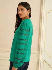 Love & Roses Green Scallop Broderie Long Sleeve Top - Image 4 of 4