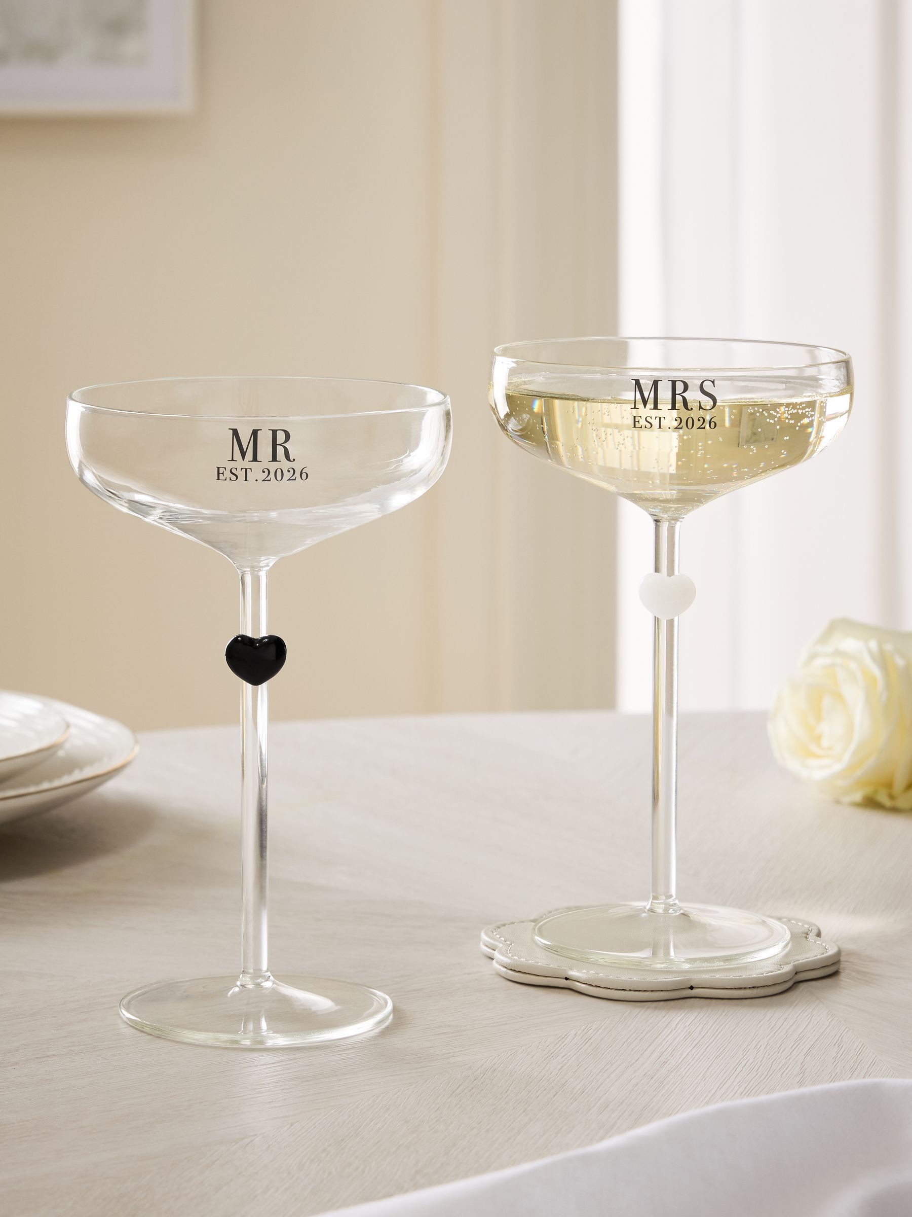 Set of 2 Black/White Est. 2026 Mr and Mrs Coupe Glasses