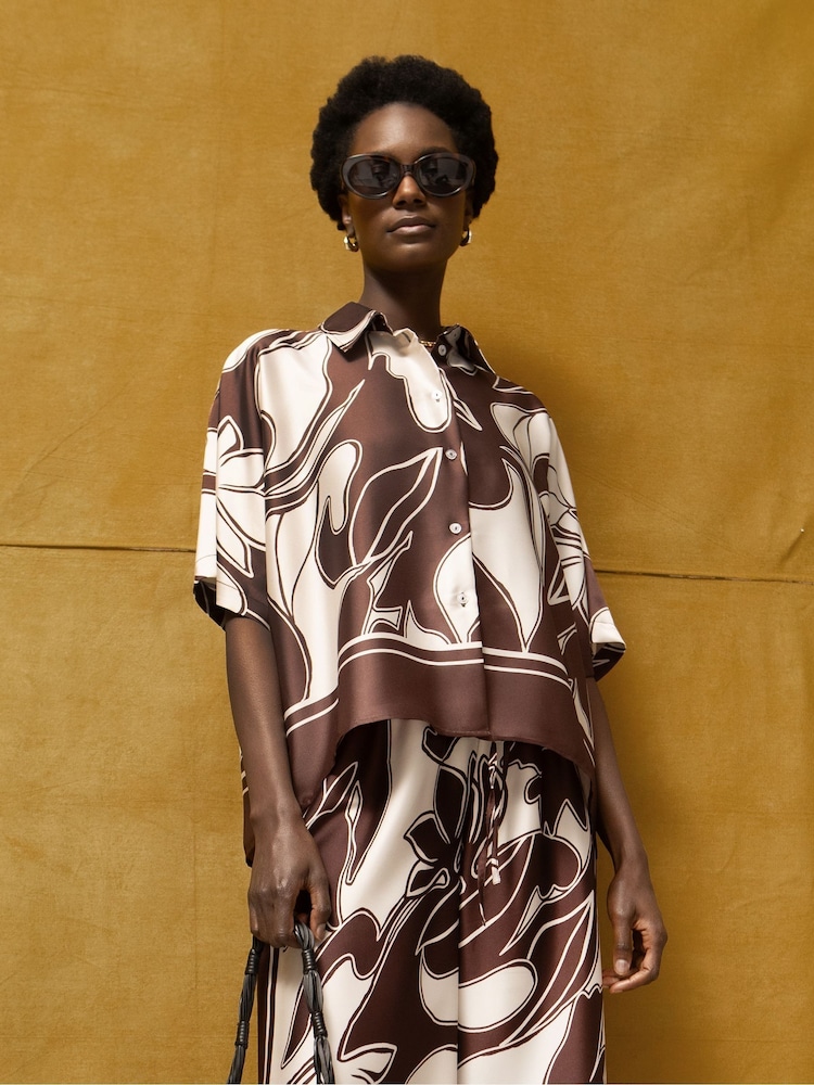 Ro&Zo Brown Swirl Print Collared Placement Blouse - Image 1 of 5 Ro&Zo Brown Swirl Print Collared Placement Blouse - Image 1 of 5