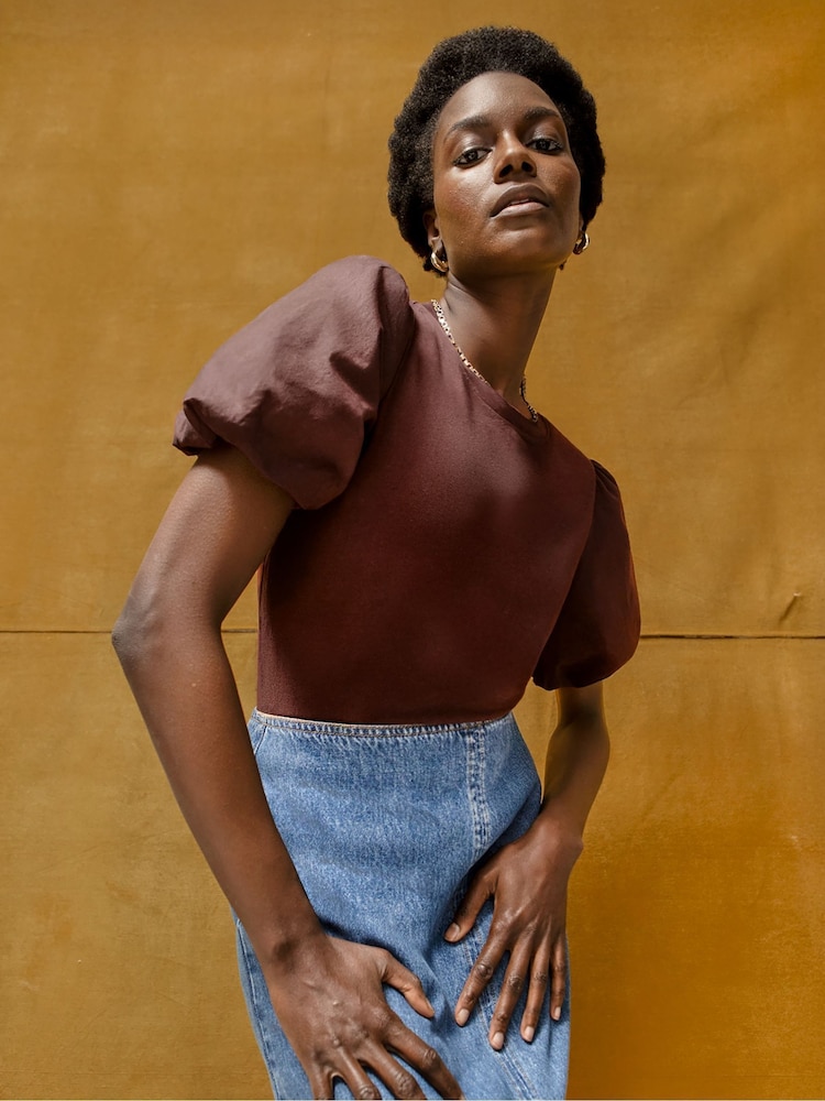 Ro&Zo Brown Pure Cotton Puff Sleeve T-Shirt - Image 1 of 5