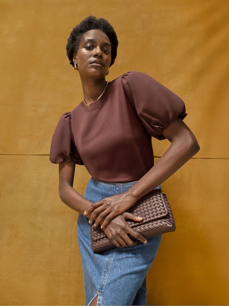 Ro&Zo Brown Pure Cotton Puff Sleeve T-Shirt - Image 2 of 5