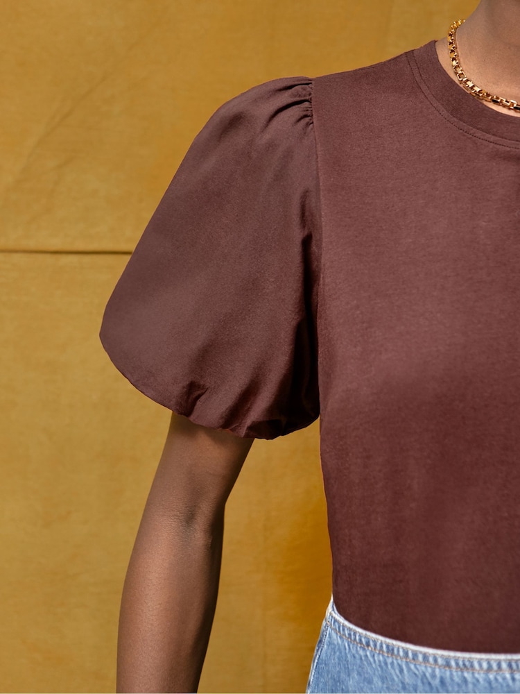 Ro&Zo Brown Pure Cotton Puff Sleeve T-Shirt - Image 5 of 5