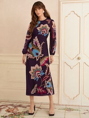 Love & Roses Purple Paisley Long Sleeve Midi Dress - Image 1 of 4