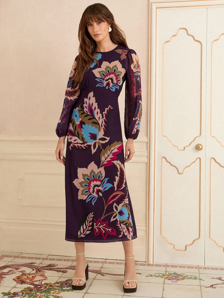 Love & Roses Purple Paisley Long Sleeve Midi Dress - Image 1 of 4