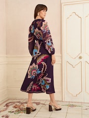 Love & Roses Purple Paisley Long Sleeve Midi Dress - Image 3 of 4