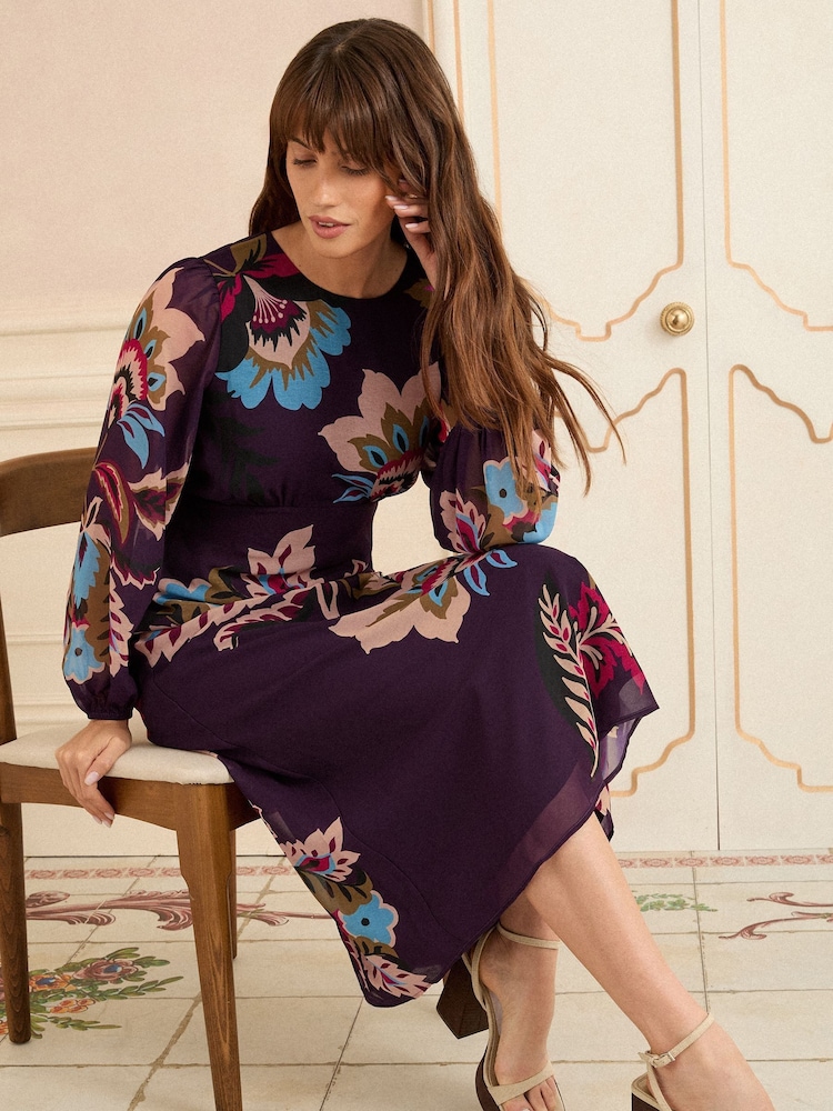 Love & Roses Purple Paisley Long Sleeve Midi Dress - Image 4 of 4