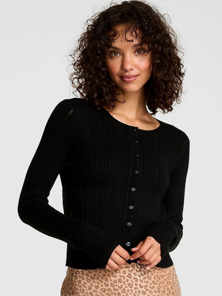 Victoria's Secret PINK Black Ribbed Cardigan - Image 1 of 3 Victoria's Secret PINK Black Ribbed Cardigan - Image 1 of 3